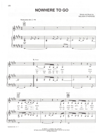 Picture of Nowhere To Go, written & recorded by Melissa Etheridge, sheet music