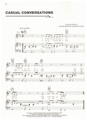 Picture of Casual Conversations, Roger Hodgson & Rick Davies, recorded by Supertramp, Cast a Giant Shadow, movie title theme, Elmer Bernstein, easy piano/vocal, sheet music