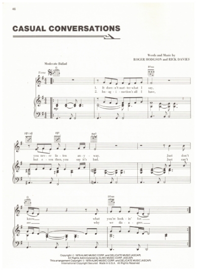 Picture of Casual Conversations, Roger Hodgson & Rick Davies, recorded by Supertramp, Cast a Giant Shadow, movie title theme, Elmer Bernstein, easy piano/vocal, sheet music
