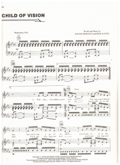 Picture of Child of Vision, Roger Hodgson & Rick Davies, recorded by Supertramp, pdf copy