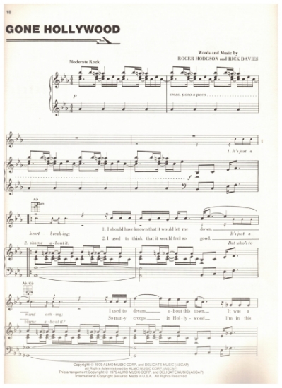 Picture of Gone Hollywood, Roger Hodgson & Rick Davies, recorded by Supertramp, sheet music