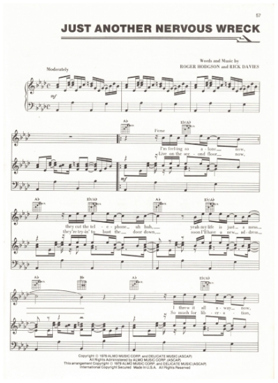 Picture of Just Another Nervous Wreck, Roger Hodgson & Rick Davies, recorded by Supertramp, sheet music