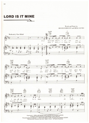 Picture of Lord Is It Mine, Roger Hodgson & Rick Davies, recorded by Supertramp, sheet music