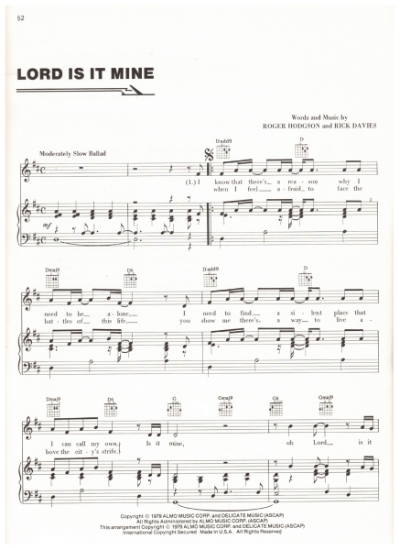 Picture of Lord Is It Mine, Roger Hodgson & Rick Davies, recorded by Supertramp, sheet music