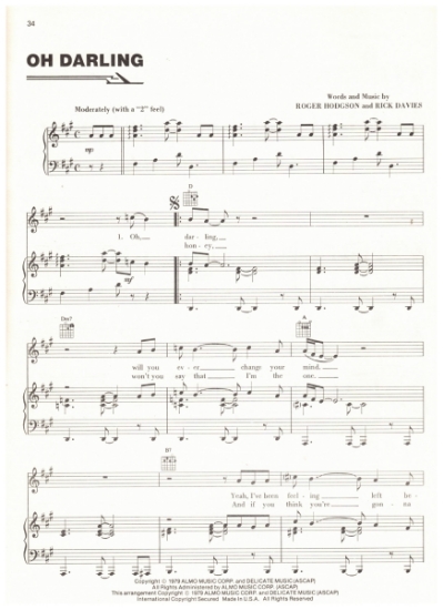 Picture of Oh Darling, Roger Hodgson & Rick Davies, recorded by Supertramp, sheet music