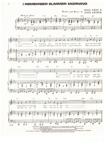 Picture of I Remember Summer Morning, Mike Kent & John Arthur, recorded by Vanity Fare, sheet music