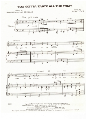 Picture of You Gotta Taste All the Fruit, from movie "Myra Breckinridge", Marilyn & Alan Bergman/ Sammy Fain, recorded by Mae West, pdf copy 