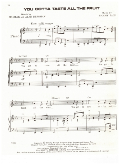 Picture of You Gotta Taste All the Fruit, from movie "Myra Breckinridge", Marilyn & Alan Bergman/ Sammy Fain, recorded by Mae West, pdf copy 