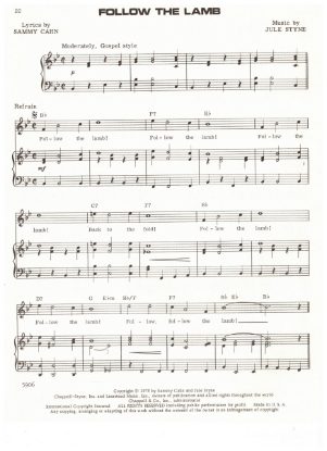 Picture of Follow the Lamb, from musical "Look to the Lillies", Sammy Cahn & Jule Styne, first performed by Al Freeman & Shirley Booth, pdf copy