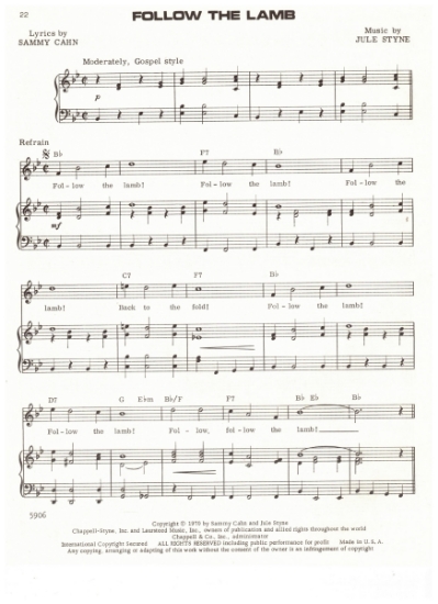 Picture of Follow the Lamb, from musical "Look to the Lillies", Sammy Cahn & Jule Styne, first performed by Al Freeman & Shirley Booth, pdf copy