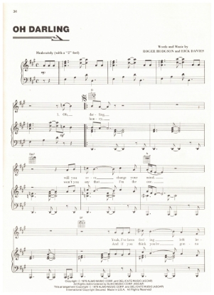 Picture of Oh Darling, Roger Hodgson & Rick Davies, recorded by Supertramp, pdf copy