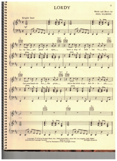 Picture of Lordy, written & recorded by Neil Diamond, sheet music