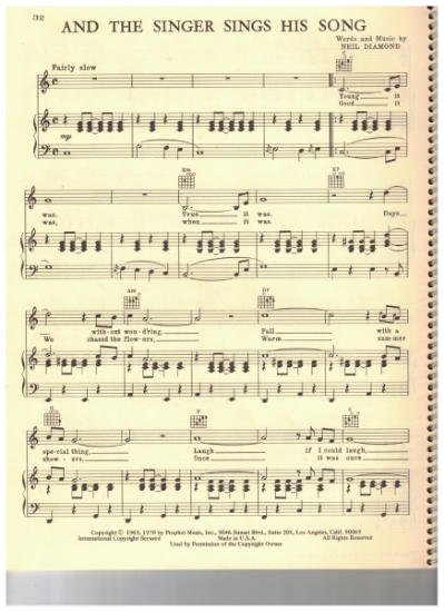 Picture of And the Singer Sings His Song, written & recorded by Neil Diamond, pdf copy