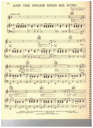 Picture of And the Singer Sings His Song, written & recorded by Neil Diamond, sheet music