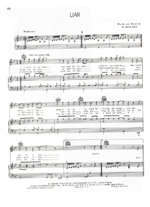 Picture of Liar, written & recorded by Russ Ballard, sheet music