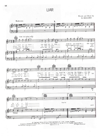 Picture of Liar, written & recorded by Russ Ballard, sheet music