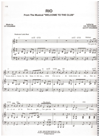 Picture of Rio, from M.C. "Welcome To The Club", A.E. Hotchner & Cy Coleman, sheet music, out of print