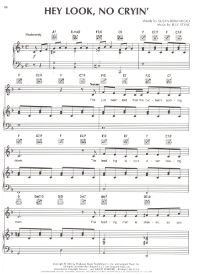 Picture of Hey Look No Cryin', from "Glad to See You", Susan Birkinhead & Jule Styne, pdf copy
