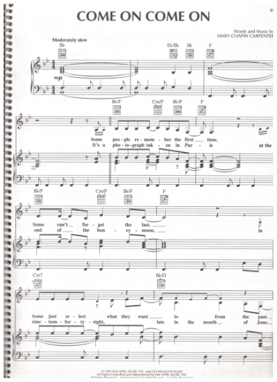 Picture of Come On Come On, written & recorded by Mary-Chapin Carpenter, sheet music