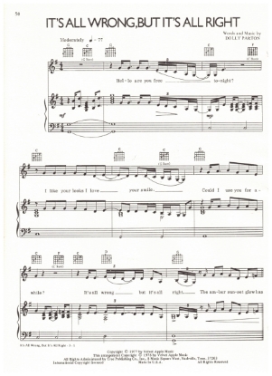Picture of It's All Wrong But It's All Right, written & recorded by Dolly Parton, sheet music