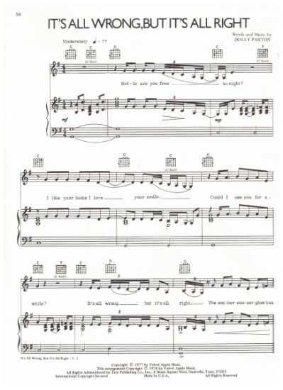 Picture of It's All Wrong But It's All Right, written & recorded by Dolly Parton, sheet music