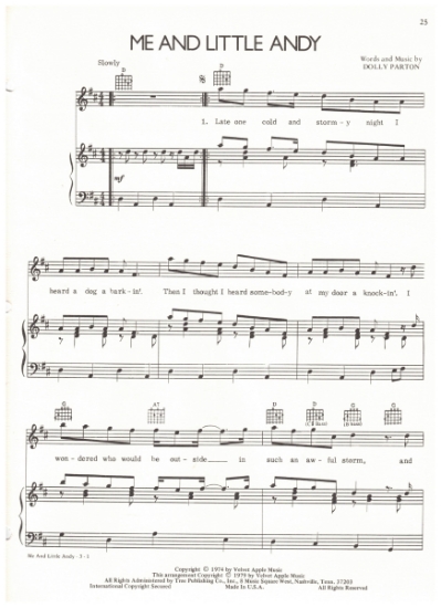 Picture of Me And Little Andy, written & recorded by Dolly Parton, sheet music
