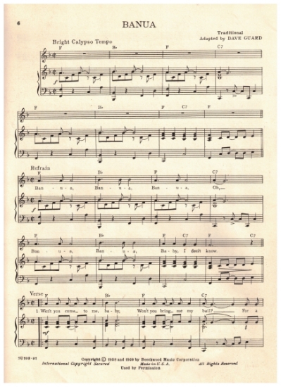 Picture of Banua, traditional arr. Dave Guard, recorded by The Kingston Trio, sheet music