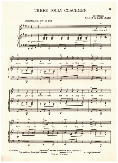 Picture of Three Jolly Coachmen, traditional arr. Dave Guard, recorded by The Kingston Trio, pdf copy 