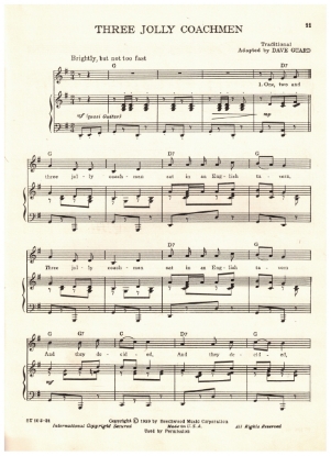 Picture of Three Jolly Coachmen, traditional arr. Dave Guard, recorded by The Kingston Trio, sheet music