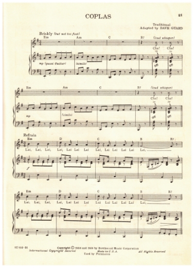 Picture of Coplas, traditional arr. Dave Guard, recorded by The Kingston Trio, sheet music