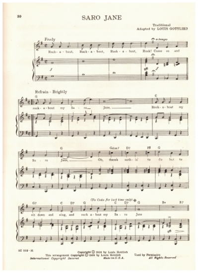 Picture of Saro Jane, traditional adapted by Louis Gottlieb, recorded by The Kingston Trio, sheet music