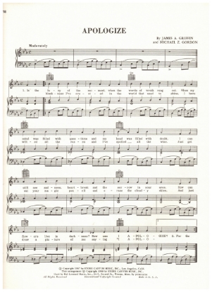 Picture of Apologize, James A. Griffin & Michael Z. Gordon, recorded by Ed Ames, sheet music