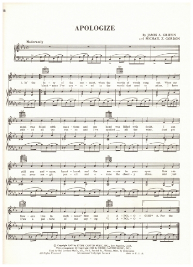 Picture of Apologize, James A. Griffin & Michael Z. Gordon, recorded by Ed Ames, sheet music