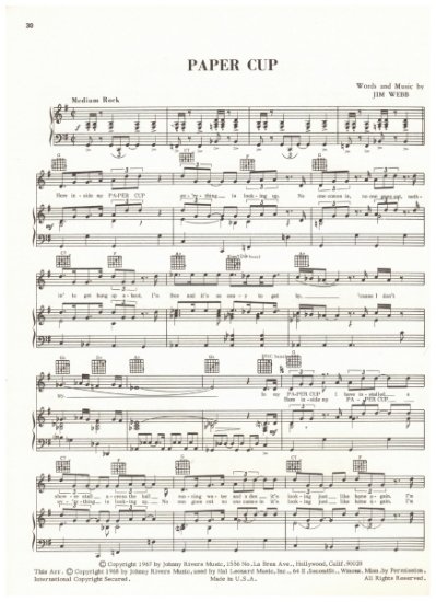 Picture of Paper Cup, Jim Webb, recorded by The Fifth Dimension, sheet music