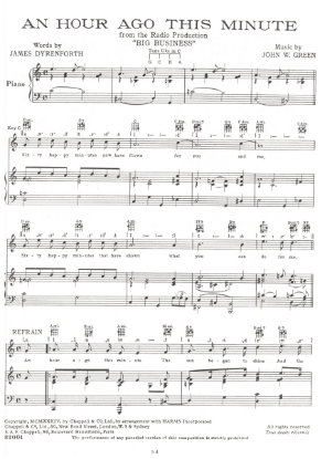 Picture of An Hour Ago This Minute, from radio show "Big Business", James Dyrenforth & John. W. Green, sheet music