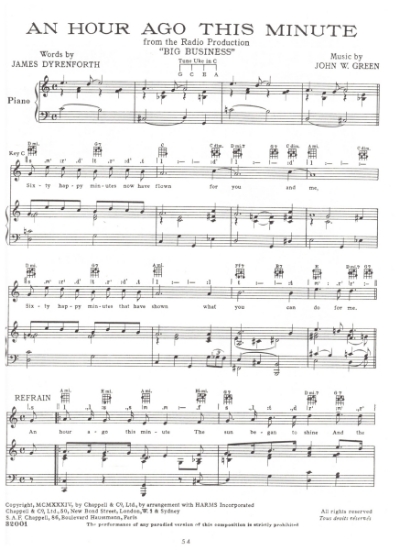 Picture of An Hour Ago This Minute, from radio show "Big Business", James Dyrenforth & John. W. Green, sheet music