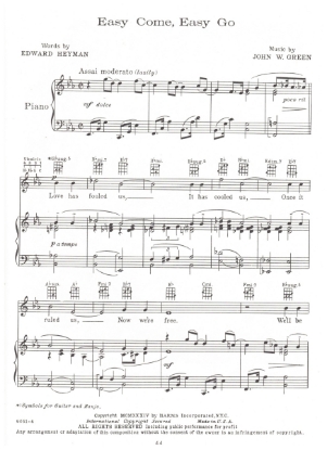 Picture of Easy Come Easy Go, Edward Heyman & John W. Green, sheet music