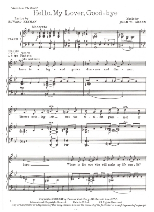 Picture of Hello My Lover Good-Bye, from "Here Goes the Bride", Edward Heyman & John W. Green, sheet music