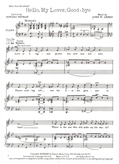 Picture of Hello My Lover Good-Bye, from "Here Goes the Bride", Edward Heyman & John W. Green, sheet music