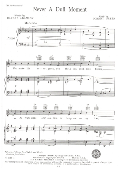 Picture of Never a Dull Moment, from "Hi-Ya Gentlemen", Harold Adamson & Johnny Green, sheet music