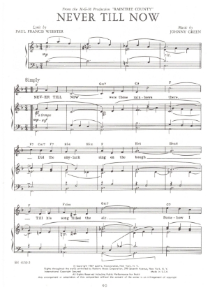 Picture of Never Till Now, from movie "Raintree County", Paul Francis Webster & Johnny Green, sheet music
