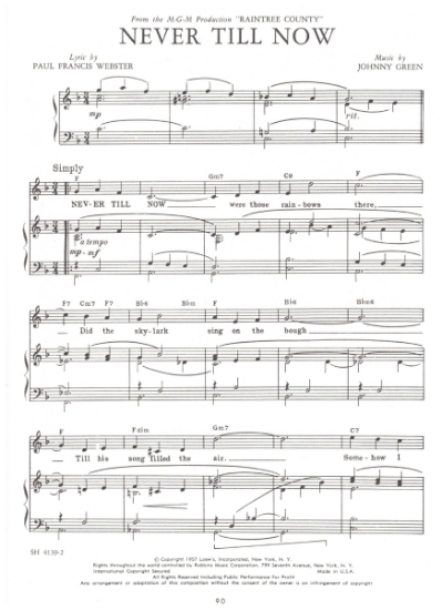 Picture of Never Till Now, from movie "Raintree County", Paul Francis Webster & Johnny Green, sheet music