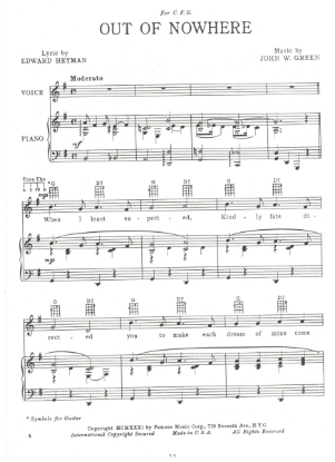 Picture of Out of Nowhere, Edward Heyman & John. W. Green, sheet music