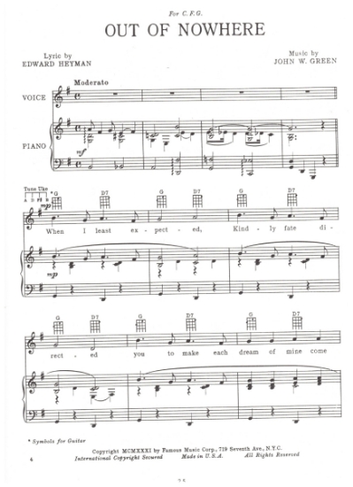 Picture of Out of Nowhere, Edward Heyman & John. W. Green, sheet music
