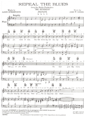 Picture of Repeal the Blues, from radio show "Big Business", James Dyrenforth & John. W. Green, sheet music