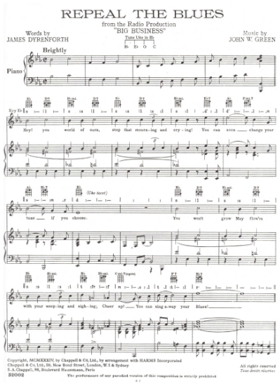 Picture of Repeal the Blues, from radio show "Big Business", James Dyrenforth & John. W. Green, sheet music