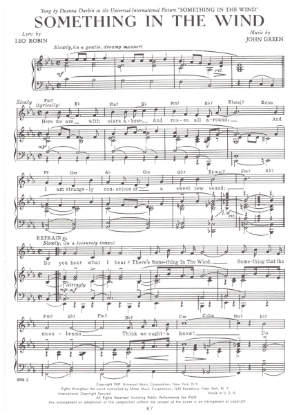 Picture of Something in the Wind, movie title song, Leo Robin & John Green, sheet music