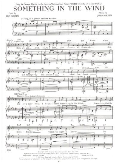 Picture of Something in the Wind, movie title song, Leo Robin & John Green, sheet music