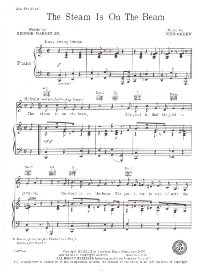 Picture of The Steam iIs On the  Beam, from "Beat the Band", George Marion Jr. & John Green, sheet music