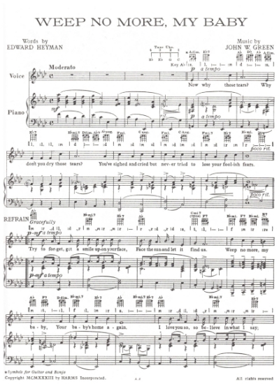 Picture of Weep No More My Baby, Edward Heyman & John W. Green, sheet music